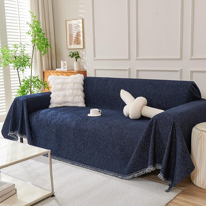 DREAMINGO Sofa Covers Washable Thick Chenille Couch Cover for 3 Cushion Couch Sofa Multi-Use Couch Cover Blanket Modern Pet Furniture Protector Sectional Couch Slipcover 91"x150", Navy Blue by DREAMINGO