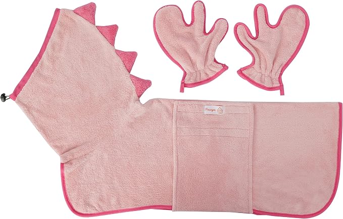 Pawyee Super Soft Fast-Drying Dog Towel Set for Cold Weather, Beach, Pool - Adjustable Microfiber Bath Robe with Drying Gloves for Cats and Dogs (X-Large, Pink Dino) - Image 2