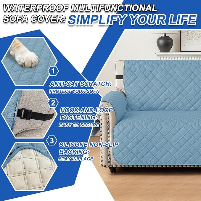 Waterproof Couch Cover for Pets Large, Sofa Covers for 3 Cushion Couch Washable, Non Slip Couch Covers for Dogs with Side Pockets, Quilted Couch Covers (Oversized Sofa, Aqua Blue) - Image 6