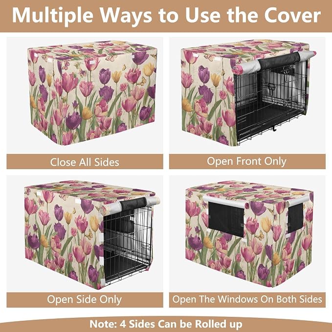 Dog Crate Cover Kennel Cover for Dog Cages Breathable for Wire Cage Indoor Outdoor Vintage Beige Spring Tulips Butterflies - Image 5
