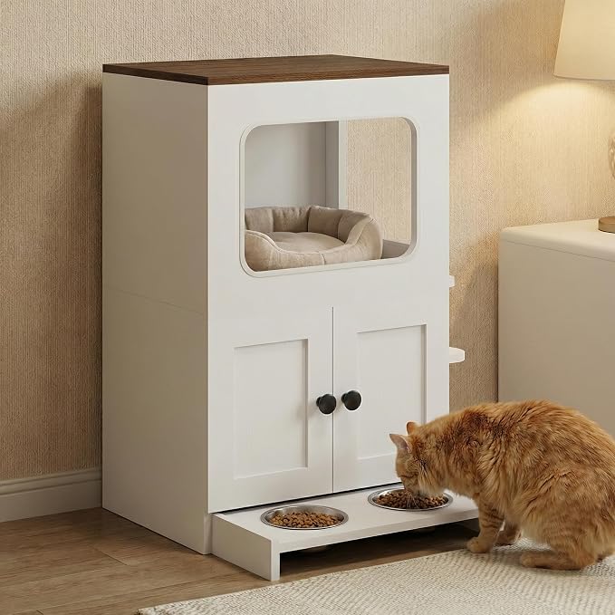 Cat Feeding Station, 2-Tier Wood Cat House with Storage, Raised Bowls for Indoor Cats, Pull-Out Feeding Station & Cat Condo, Includes 2 Stainless Bowls - Image 6