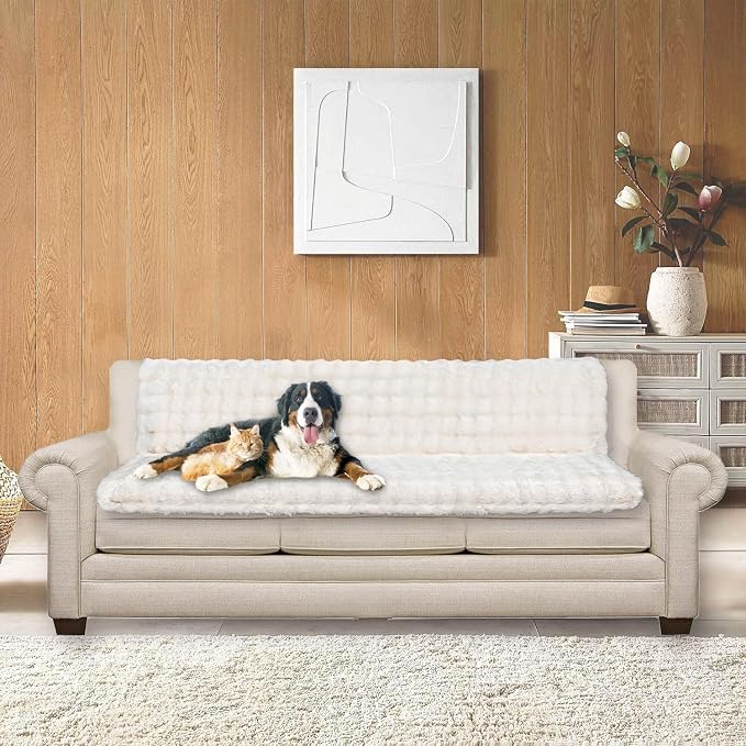 Dogs/Cats Bed Mats, Dog Pad Washable Removable Couch Cover with Anti-Slip Back, Plush Long Fur Mat, Perfect for Small, Medium and Large Dogs.(White-Bubble, 68"x82") - Image 2