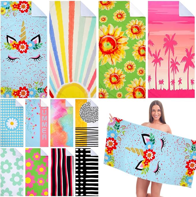 Newwiee 12 Pieces Large Microfiber Beach Towel Set Oversized 59 x 27.5 Inch Beach Pool Towel Bulk Quick Dry Lightweight Colorful Soft Absorbent for Adults Travel Swimming Supplies(Blue Unicorn) by Newwiee