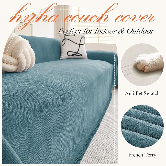 hyha Couch Cover for Dogs, Boho Chenille Sofa Cover for 3 Cushion Couch | Anti-Scratch Washable Sofa Slipcover, Loveseat Sectional Couch Throw Blankets with Tassels (Blue, 71x118 Inch) - Image 4