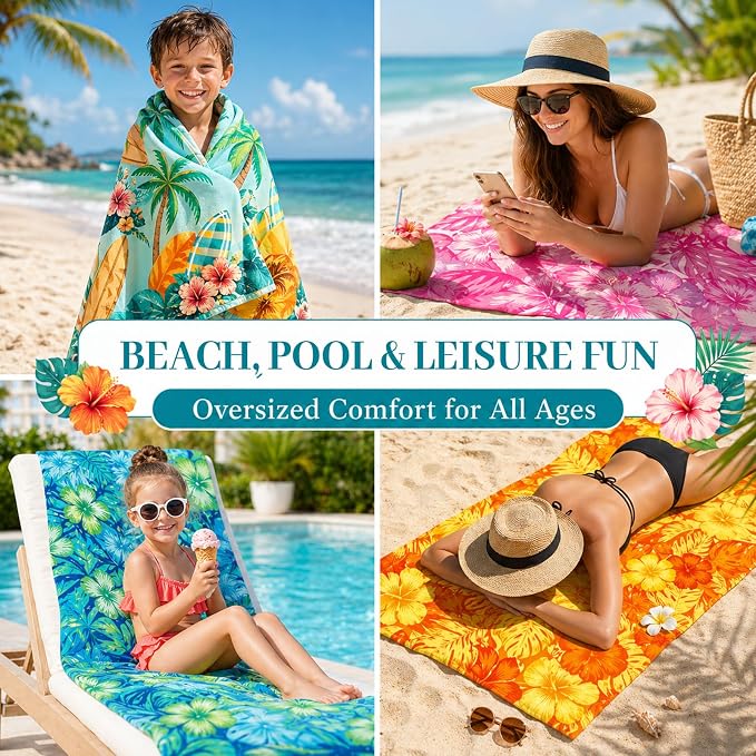 12 Pack Microfiber Beach Towel Set 32x71 Oversized Extra Large Swim Pool Towel Soft Fiber Beach Towels Set for Summer Travel Spa Swim Pool Accessories Vacation Essential Gift(Hawaii Tropical) - Image 6