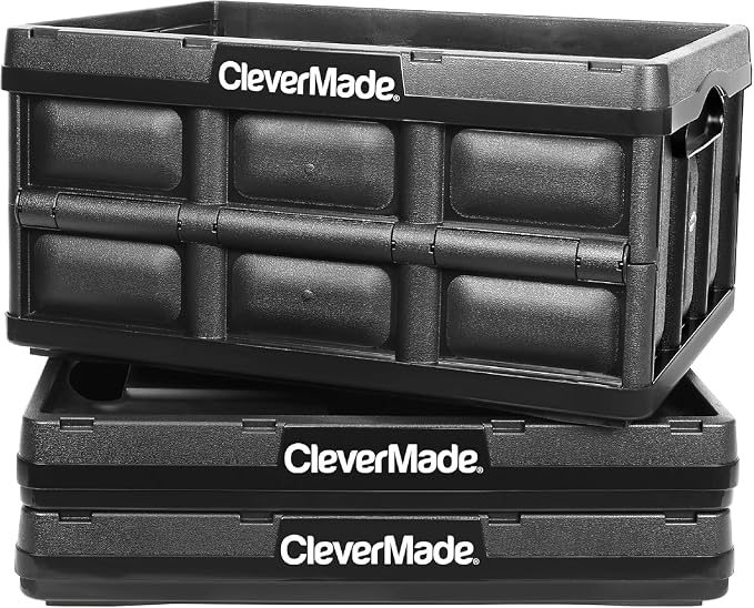 CleverMade Collapsible Storage Bins, 32L, 3 Pack, Obsidian | Reinforced plastic handles groceries, tools, and sports gear. Interlocking bins stack open and nest compactly when folded. - Image 10