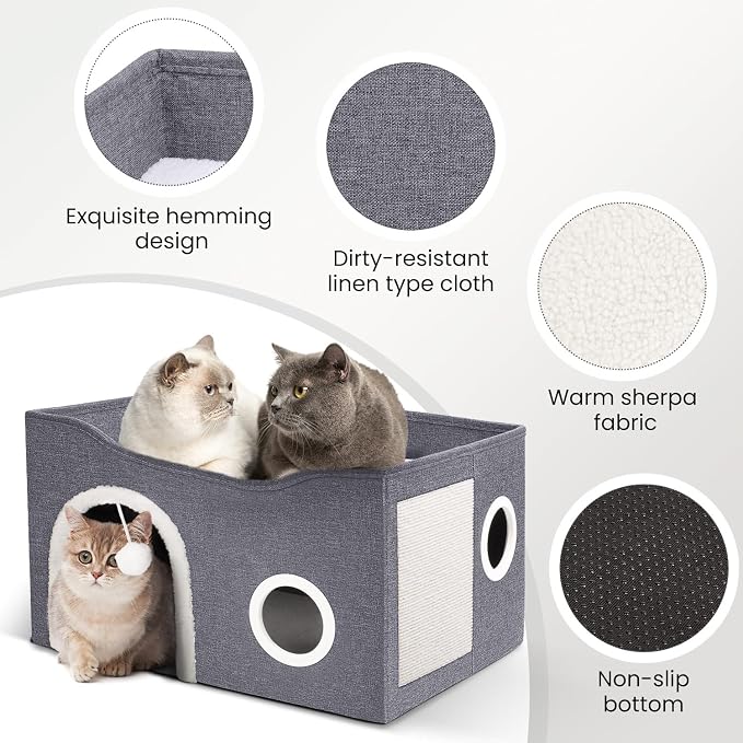 Heeyoo Cat House for Indoor Cats - Large Cat Bed Cave with Fluffy Ball and Scratch Pad, Foldable Cats Houses & Condos, Cat Hideaway, Covered Kitty Bed for Multi Small Large Kitty, 23.8x15.9x13.2 Inch - Image 4