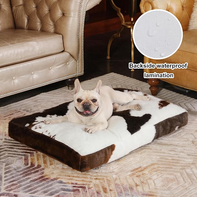 Bedfolks Waterproof Crate Bed, Plush Dog Kennel Pad with Removable Washable Cover, Faux Fur, Fluffy 35"x23", Cow Print - Image 2