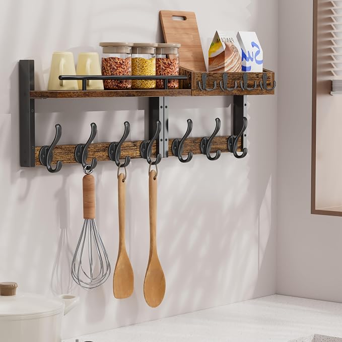 29 inch Coat Rack Wall Mount with Shelf, Entryway Wall Shelf with Hooks, Heavy Duty Coat Hanger Wall Mount with Key Holders and Mail Organizer for Living Room, Bedroom, Black & Brown - Image 5