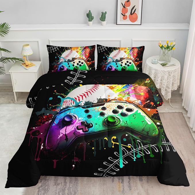 Kids Comforter Set Gamepad Baseball Printed Pattern Bedding Set with 1 Comforter and 2 Pillowcases for Girls Boys Bedroom All Season(Gamepad Baseball Queen) by SmellSunshine