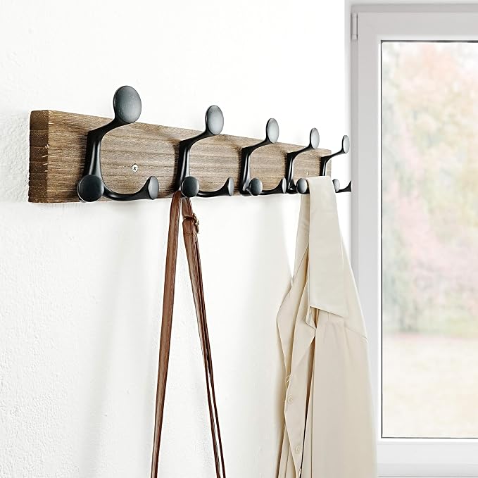 SKOLOO 24-Inch Wood Burnt Coat Rack Wall Mount with 5 Triple Hooks - Ideal for Family Entrances, Classrooms, and Pet Supplies Storage - Perfect Coat Hooks for Wall - Image 2
