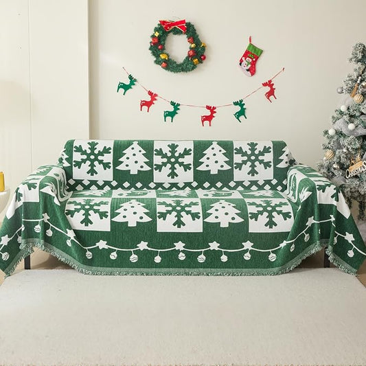 MEETSKY Christmas Couch Cover for Sectional Sofa, Chenille Green Sofa Covers Washable for Pet Friendly Snowflake Christmas Tree Decorative Couch Covers, 71" x 134" by MEETSKY