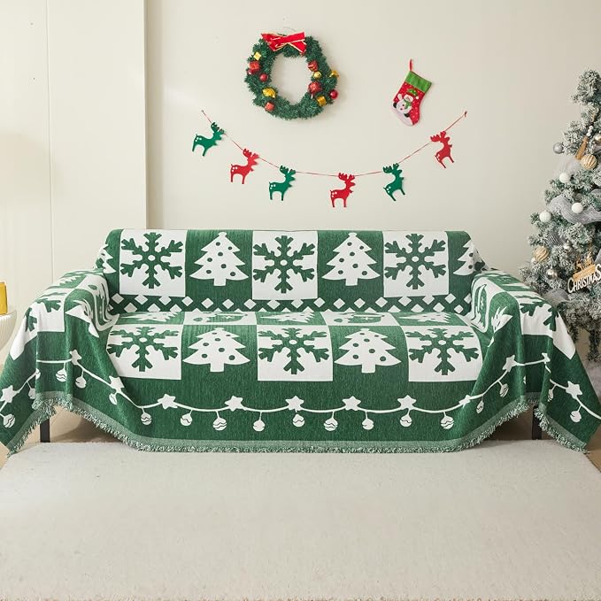 MEETSKY Christmas Green Couch Cover for Sectional Sofa, Chenille Loveseat Sofa Covers Washable for Pet Friendly Snowflake Christmas Tree Decorative Couch Covers, 71" x 118" by MEETSKY