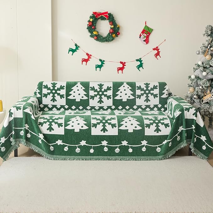 MEETSKY Christmas Couch Cover for Sectional Sofa, Chenille Loveseat Green Sofa Covers Washable for Pet Friendly Snowflake Christmas Tree Decorative Couch Covers, 71" x 102" by MEETSKY