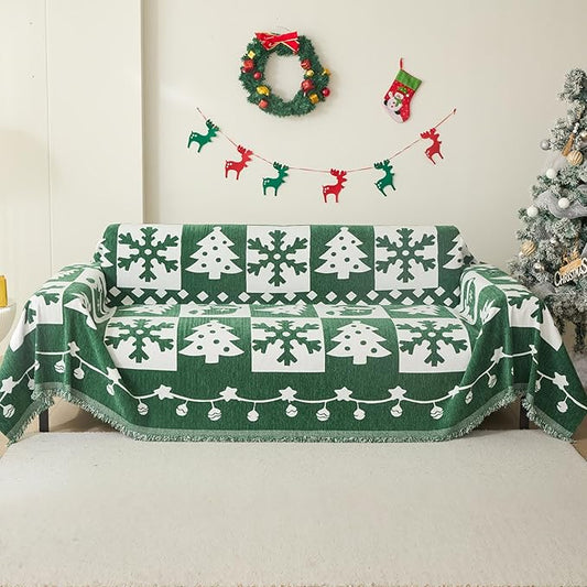 MEETSKY Christmas Couch Cover for Sectional Sofa, Chenille Loveseat Green Sofa Covers Washable for Pet Friendly Snowflake Christmas Tree Decorative Couch Covers, 71" x 102" by MEETSKY