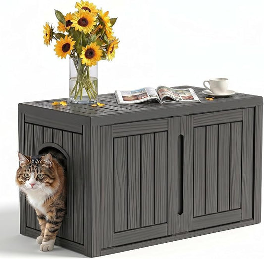 Cat Litter Box Enclosure,Multi-Functional Hidden Litter Box Furniture Cabinet with Adjustable Partition & Side End Table, Indoor Outdoor Cat House with Double Doors,Easy to Clean & Assemble, Black by KFY