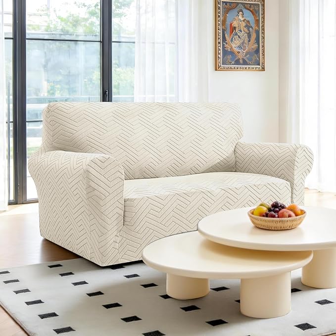 Stretch Sofa Cover Non-Slip Washable Furniture Protector | Stretch, 55"-69".Soft, Non Skid Foam, Elastic Bottom, Machine Washable, for Kids & Pets, Couch & Sofa, Beige White - Image 2