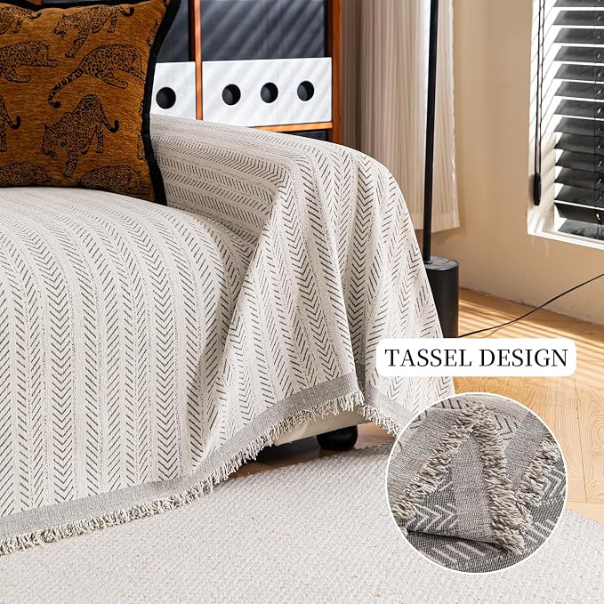Couch Covers Non Slip Sofa Cover Washable, 2 Cushion Couch Slipcovers Loveseat Furniture Protector for Pets Kids, Chenille Strip Couch Throw Blankets with Tasselss 71"x118", Beige - Image 3