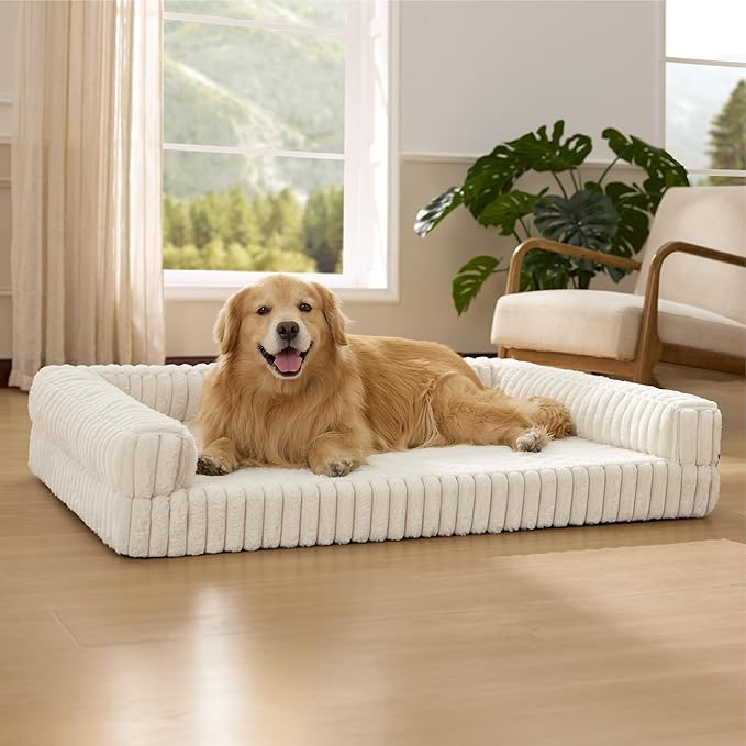 Bedsure ComfyFleece™ Orthopedic Dog Beds for Extra Large Dogs, Waterproof Memory Foam XL Pet Bed with Sides, Non-Slip and Egg-Crate Foam Big Dog Couch Sofa with Washable Corduroy Cover, Cream by Unknown