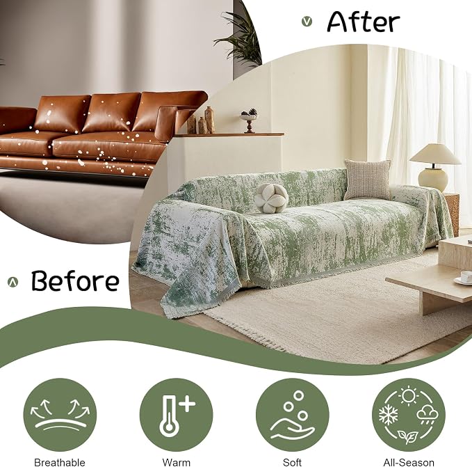 VClife Boho Couch Cover, Non Slip Soft Couch Covers for 3-4 Cushion Couch Sofa Pet Friendly, Irregular Vintage Green Off-White Scraped Texture Furniture Protector Sofa Slipcover for Dog, 71" X 150" - Image 4
