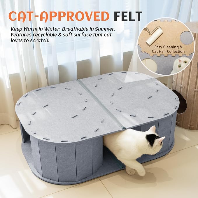 PETKARAY Large Felt Cat Tunnel, Double S-Shaped Hideaway for Indoor Cats, Interactive Cat Bed Cave and Hideout, 34x22.8x10.2 inches Grey - Image 5