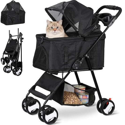 ZENY Pet Stroller, 3 in1 Foldable Dog Cat Jogger Stroller with 4 Wheels, Detachable Basket and Cup Holder, Travel Folding Carrier for Small/Medium Pet (Black)