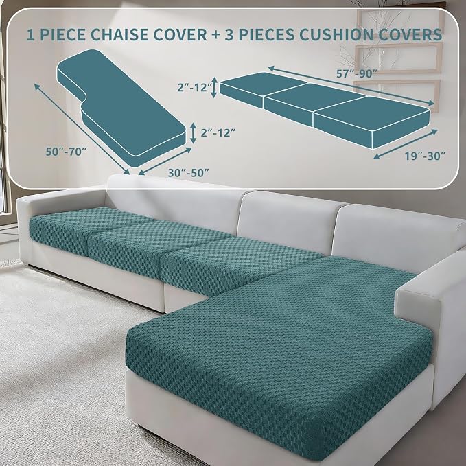 YEMYHOM Couch Cushion Covers for Sofa, Stretch Sectional Couch Seat Cushion Covers Washable Thick Furniture Protector Sofa Slipcovers for Pets (3 Seater + 1 Chaise, Peacock Blue) - Image 2