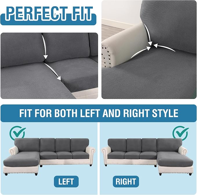 H.VERSAILTEX Sectional Couch Covers 8 Pieces Stretch Sofa Covers for Sectional Sofa Set Separate L Shaped Couch Cover for Both Left/Right Couch (Seat and Back: 1 Chaise + 3 Sofa, Grey) - Image 5