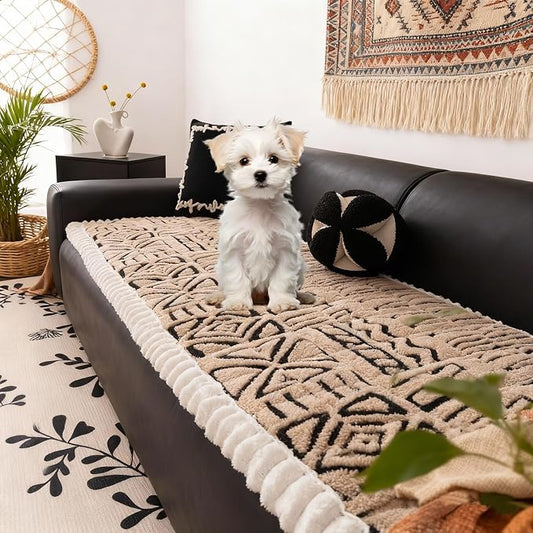 HANDONTIME Boho Couch Cushion Covers for Dogs Plush Couch Cover Washable Non-Slip Dog Sofa Cover Pet Couch Protector Fuzzy Geometric Sofa Slipcovers Dog Mat for Sofa and Couches(Brown, 27.6" x 59.1") by HANDONTIME