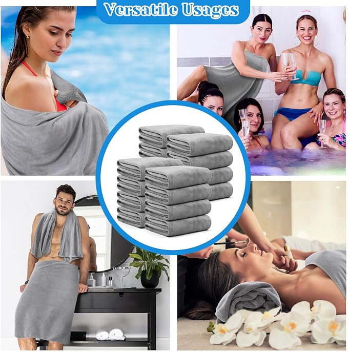 SmoothNovelty 16 Pack Microfiber Bath Towels Bulk 27'' x 60'' Oversized Beach Towel Highly Absorbent Extra Large Soft Drying for Shower Pool Salon Sauna Bathroom Gym Party (Simple,Light Grey) - Image 7