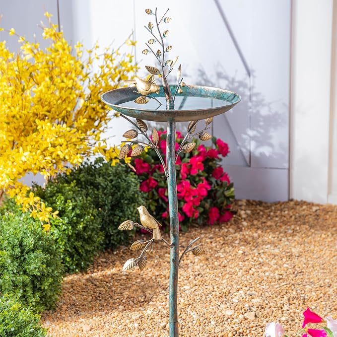 Evergreen Cast Metal Outdoor Garden Bird Bath and Feeder on Pedestal | Birds on Leafy Branch | 37.5 inches Tall | Antique Finish | Round Bowl Outside Rustic Decor Patio Porch Deck - Image 2