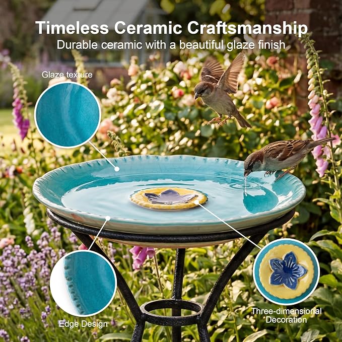 Topadorn 2" Depth Ceramic Birdbath & Birdfeeder for Small Birds Outdoors | 12.2'' Bird Bath Bowl For Vintage Garden Patio Yard Lawn Decor, Blue with Yellow Flower - Image 5