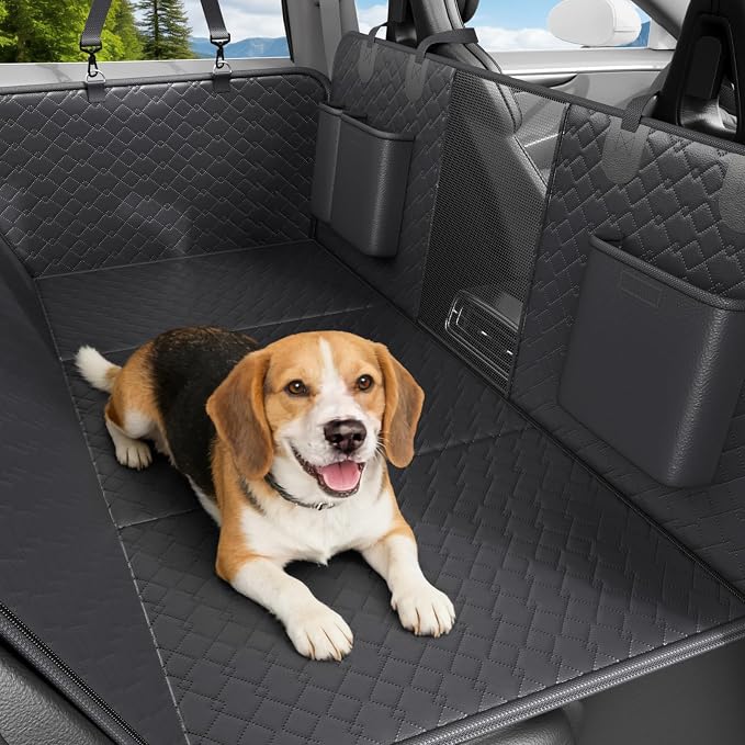 Dog Car Seat Cover Waterproof Vegan Leather, Scratchproof, Hard Bottom Back Seat Extender for Dogs, Non Slip Back Seat Protector with Mesh Window, Easy to Clean Fit Full Size Trucks, Black by REDASW