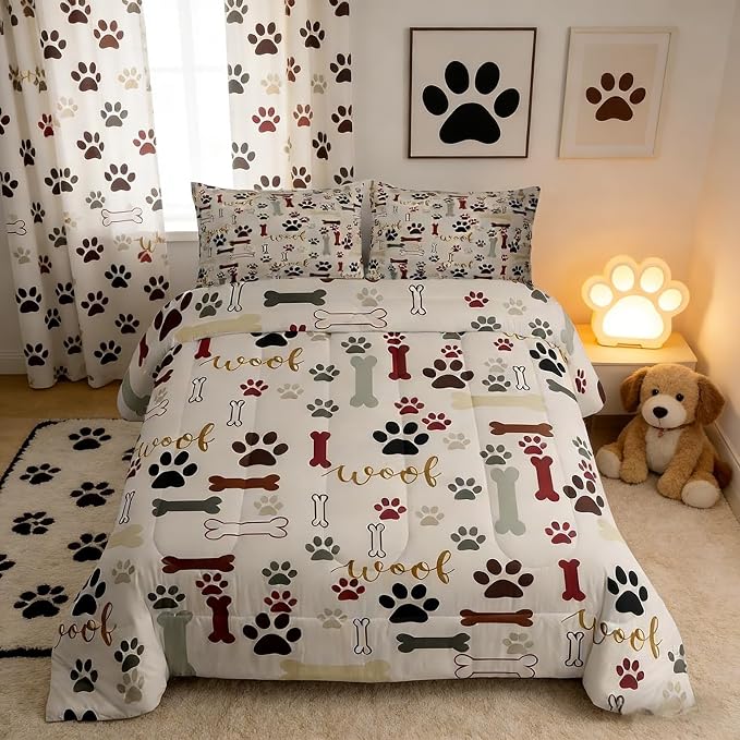 Homewish Dog Paw Print Comforter Set Queen Size,Bone Pattern Bedding Set 3pcs for Kids Teens Girls Boys Room Decor,Pet Animal Quilt Set Cartoon Duvet Insert with 2 Pillowcases by Homewish
