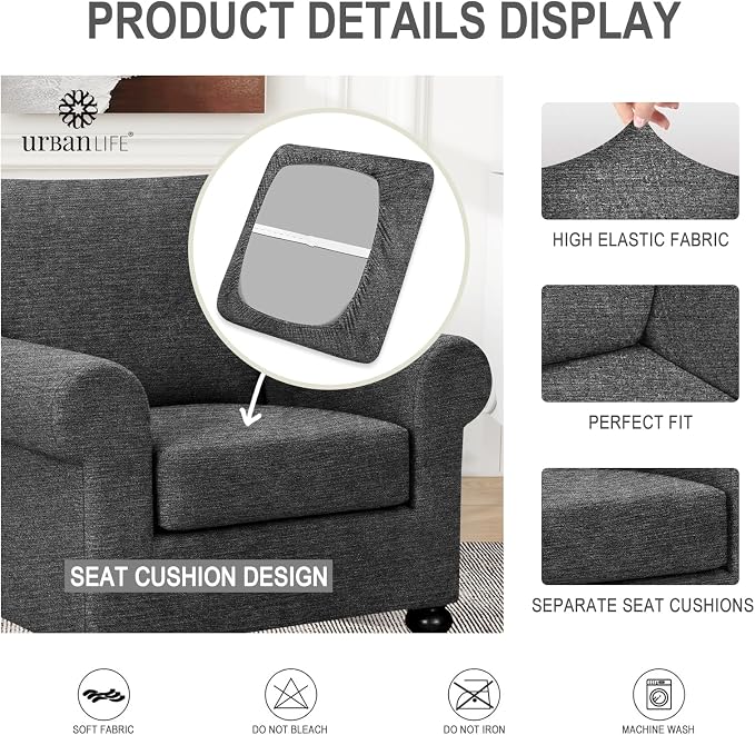 URBANLIFE 2-Piece Stretch Sofa Covers for 1 Cushion Couch, Charcoal Gray | Super fitted spandex slipcovers for couches. Non-slip elastic bottom. Machine washable furniture protector for kids & pets. - Image 7
