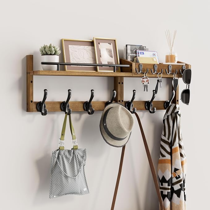 29 inch Coat Rack Wall Mount with Shelf, Entryway Wall Shelf with Hooks, Heavy Duty Coat Hanger Wall Mount with Key Holders and Mail Organizer for Living Room, Bedroom, Brown by Segtenant