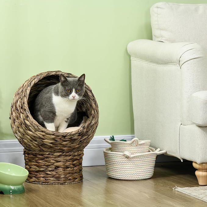PawHut Handwoven Elevated Cat Bed with Soft Cushion & Egg Chair Shape, Basket Bed Kitty House with Stand, Raised Wicker House for Indoor Cats, 20" H, Gray | Soft Cushion & Egg Chair Shape, Basket Bed Kitty House with Stand, Raised Wicker House - Image 6