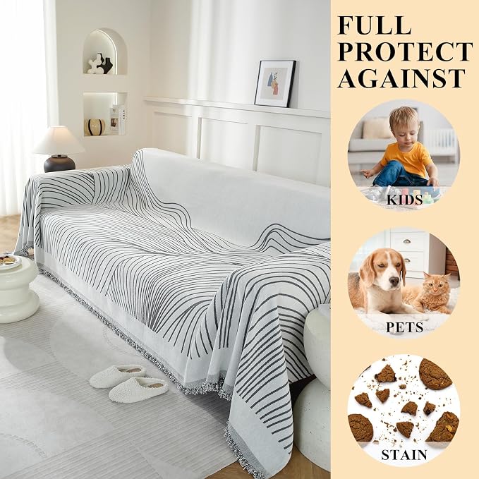 Couch Cover for Sofa, Boho Sofa Cover Washable Couch Cover for Dogs, Pet Sofa Cover for 2-Cushion Couches with Tassel Furniture Protector Cover,71" x 118",Dark Gray-Wave - Image 4