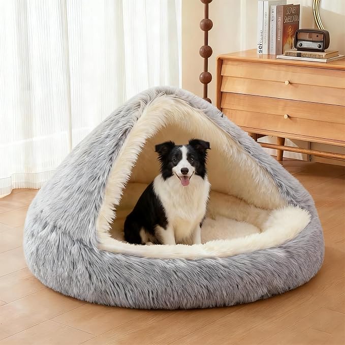 ShinHye Round Plush Fluffy Hooded Cat Bed Cave, Cozy for Indoor Cats or Small Dogs, Waterproof Bottom, Washable（30 in） - Image 5