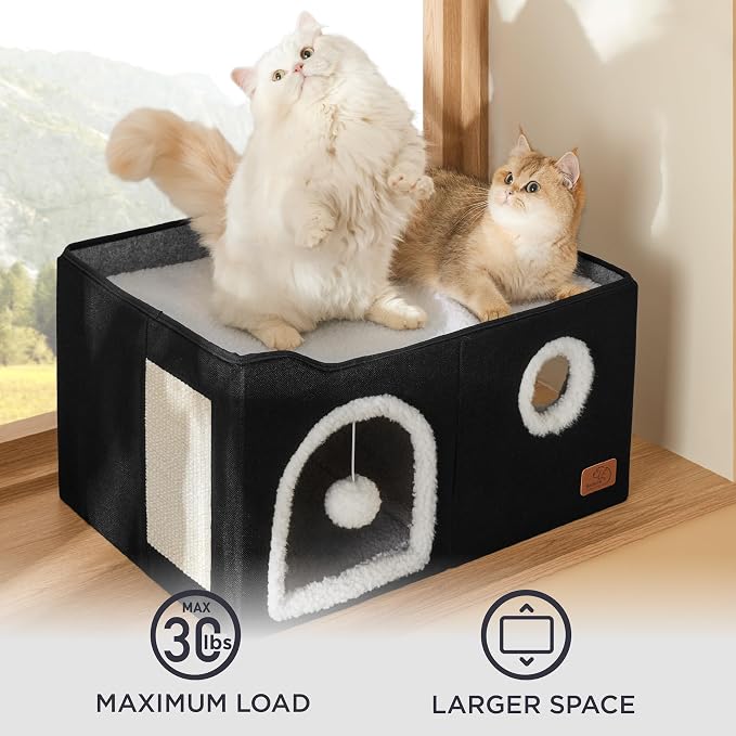 Bedsure Extra Wide Cat House Bed with Fluffy Ball and Scratch Pad,Black | 23.6x16.9x13 in,Indoor cat cave for multiple pets, Foldable cat hideway cube for sleeping large cat and kitten - Image 4