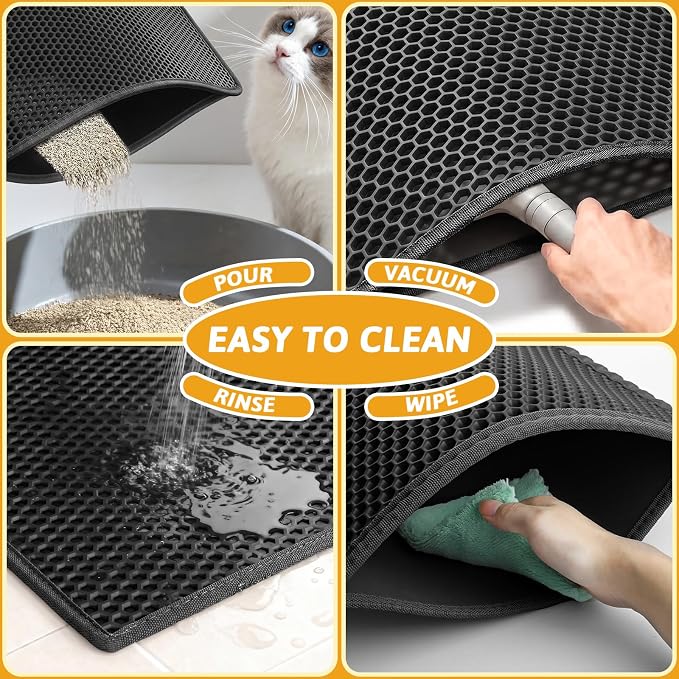 Pieviev Litter Box Mat, Double-Layer Waterproof Design, 47" x 36" Black | Honeycomb Litter Trapping Mat Captures Scattered Particles to Stop Tracking, Waterproof Base Protects Floors, Easy to Clean - Image 6