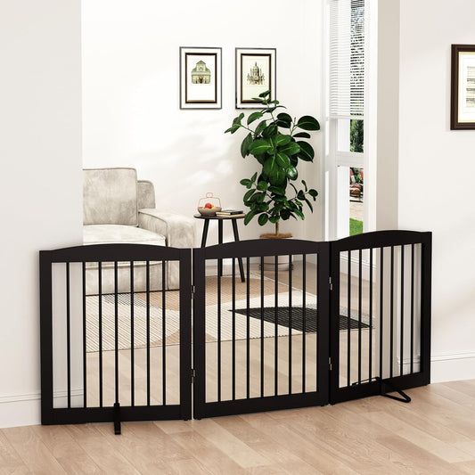 Freestanding Pet Gate for Dogs, Foldable Wooden Dog Gate for House, Indoor Dog Gate for Doorways, Stairs, Gates for Dogs Indoor, Support Feet Included, 24" Height 3 Panels, Brown