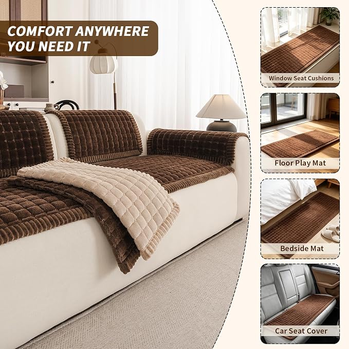 Couch Covers for Sofa Washable, Non Slip Couch Covers for Dogs, Soft Plush Pet Friendly Dog Couch Cover, Plaid Couch Protector for Dogs, Pet Couch Cover for LoveSeat(Dark Brown,28"×59",1PC) - Image 3