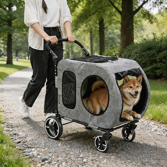 Large Dog Stroller for Medium Dogs，Pet Stroller for 2 Small Dogs, Foldable Jogger Wagon with Detachable Carrier for Car Seat, Adjustable Handle, Up to 90 lbs, Gray