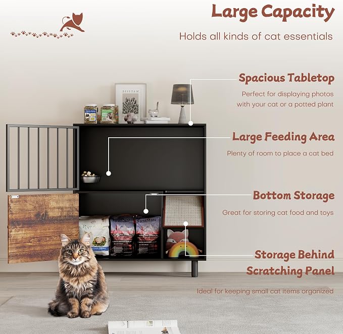 Dog Proof Cat Feeding Station, Cat Feeding Station Furniture with Storage and Cats Scratching Board, 2 Raised Pet Food and Water Bowl for Indoor Cats, Large Pet Cabinet - Image 5