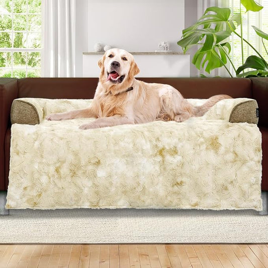 Calming Extra Large Dog Couch Bed, 45 x 37 inch Waterproof Removable Pet Mat Couch Cover for Furniture Protector, Non-Slip Fluffy Pelsbarn Dog Bed for Couch, Sofa, Car - Tie-Dye Khaki by blunique