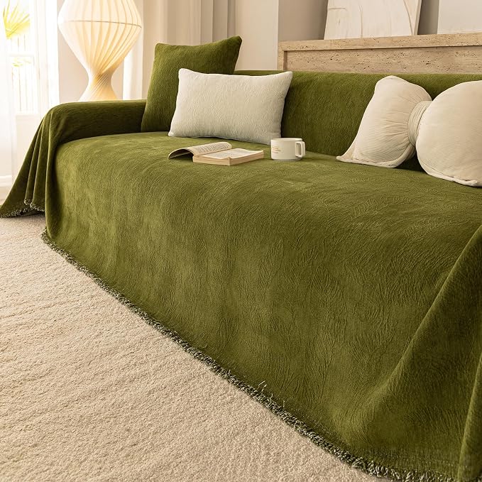 Green Boho Couch Covers for Sofa Washable for 3 Cushion Couch,71''X134'' | Chenille Furniture Protector Sofa Couch Cover for Dogs, Soft Breathable Sofa Slipcover, Couch Throw Blankets with Tassels - Image 4