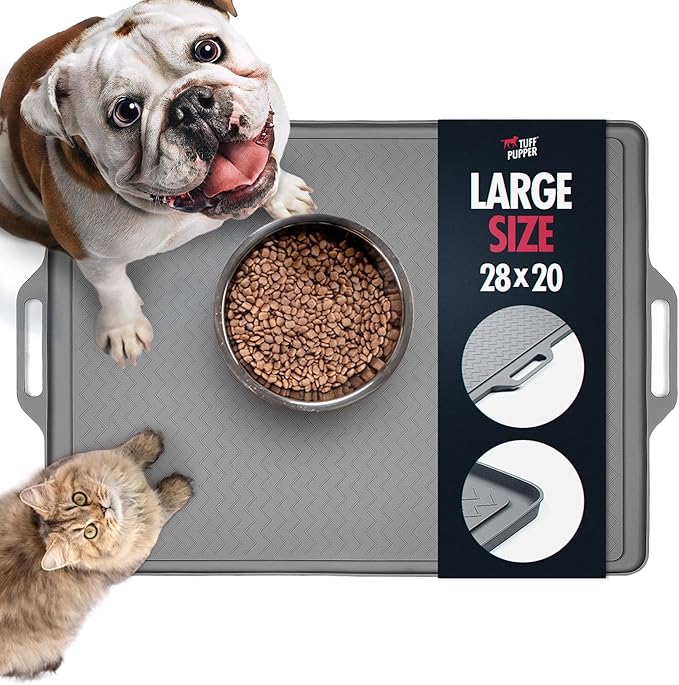 Tuff Pupper 28x20 Large Dog Feeding Mat for Food and Water | Dog Food Mats for Floors | Waterproof Dogs Water Bowl Mats | Dogs Placemats Pet Food-Mat | Silicone Feeding Mat for Cats and Cat Bowls by TuffPupper