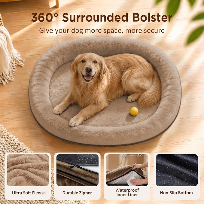 Waterproof Orthopedic Dog Bed for Large Dogs, Coffee | Supportive Crate Foam Relieves Joint Pressure, 360°Bolsters, Waterproof Inner,Washable Cover, Non-slip Bottom - Image 2