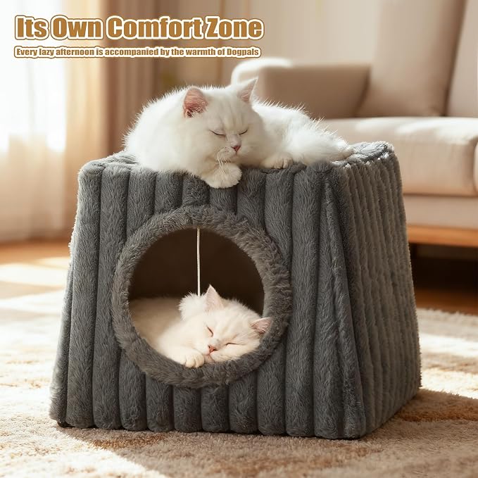 Indoor Cat House - Large Cat Cave Bed with Fluffy Balls, Foldable Cat Bed Cave and Apartment with Pads, Suitable for Multiple Small and Large Cats, 15.74x13.7x13.7inches(Deep Grey, Large) - Image 6